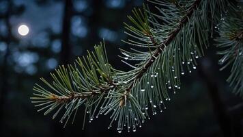 Pine Branch with Water Droplets at Night Under Full Moon photo