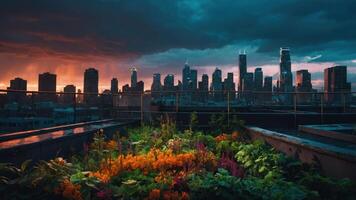 Rooftop Garden View of City Skyline at Sunset with Stormy Sky photo