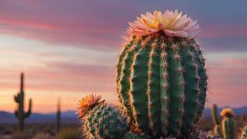 Cactus Bloom at Sunset Desert Landscape with Sky and Plants photo