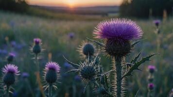 Purple Thistle Flower Blooming in Field at Sunset with Warm Light photo