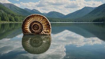 Shell Fossil Standing in Calm Lake Water with Mountain Backdrop photo