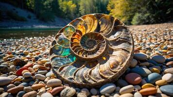 Fossil Displayed on River Rocks with Forest Background Nature Scene photo
