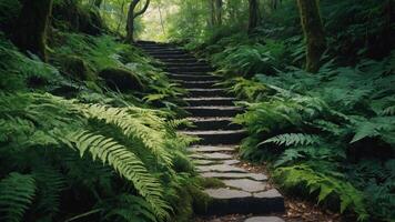 Walking Up Stone Steps Surrounded by Ferns in Lush Forest photo