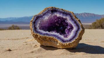 Amethyst Geode Resting on Desert Sand with Mountains in Distance photo