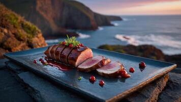 Sliced Meat Dish Garnished with Berries Overlooking Scenic Ocean Coastline photo