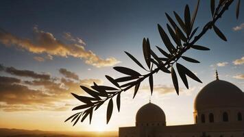 Branch Silhouette Against Sunset Sky with Dome Architecture in View photo