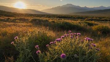 Thistle Blooms in Golden Field Under Mountainous Landscape at Sunset photo
