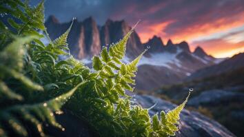 Fern Frond with Dew Drops Overlooking Mountain Range at Sunset photo