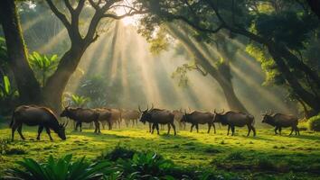Herd Grazing in Lush Meadow with Sun Rays Shining Through Trees photo