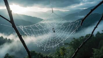 Spiderweb Covered in Dewdrops Against a Background of Misty Mountains photo
