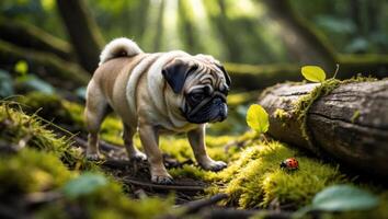 Pug Exploring Forest Floor with Moss and Ladybug in Sunlight photo