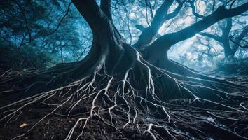 Massive Tree Roots Sprawling Across Forest Floor with Light Streaks photo