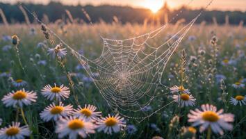 Spiderweb with Dew Drops in a Flower Field at Sunrise photo