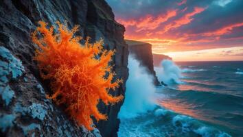 Coral Growth on Cliffs Seaside with Waves Crashing During Sunset photo