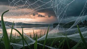 Spiderweb with Dew Drops by Lakeside at Dusk with Stormy Sky photo