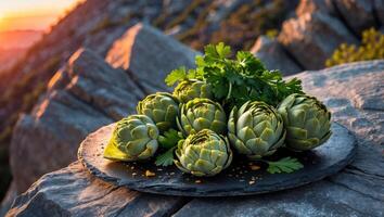 Artichokes and Parsley on Stone Slab with Rocky Mountain Backdrop photo