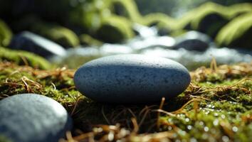Smooth River Stones on Moss by Stream in a Peaceful Setting photo