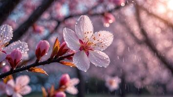 Cherry Blossom Branch in Rain with Water Droplets Macro View photo