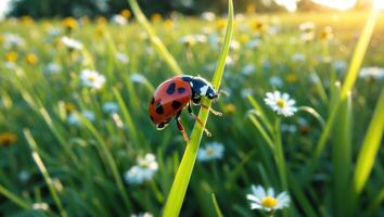 Ladybug Climbing Green Grass Blade in a Sunny Wildflower Field photo