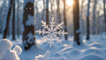 Snowflake Falling in Winter Forest with Sunlight Shining Through Trees photo