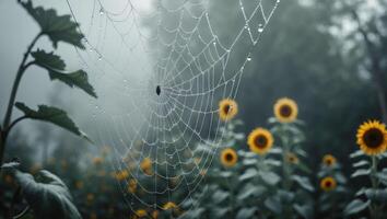 Spiderweb Covered with Dew Drops Hanging with Sunflowers in Background photo