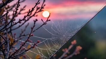 Dew Covered Spiderweb at Dawn with Sun and Branches photo