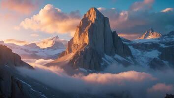 Majestic Mountain Peak Emerging From Cloudscape at Golden Hour photo