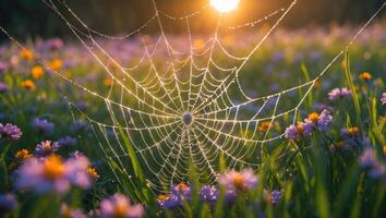 Spiderweb with Dew Drops in a Field of Flowers at Sunrise photo