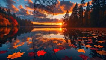 Lake Reflecting Autumn Colors at Sunset with Falling Leaves Serenity photo