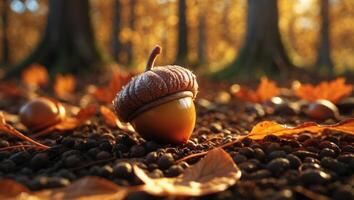 Acorn Sitting on Forest Floor with Fallen Leaves in Autumn photo