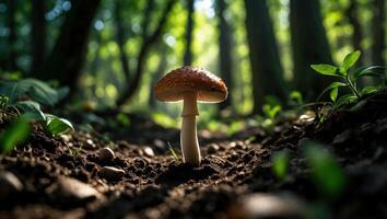 Mushroom Growing in Forest Floor with Sunlight Filtering Through Trees photo