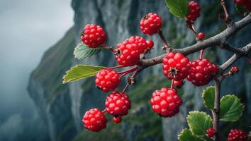Red Berries on Branch with Mountain Backdrop Scenic Wilderness View photo