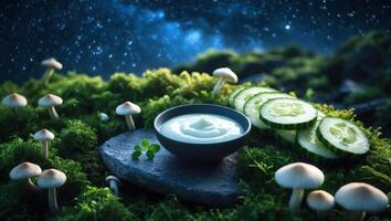 Dip with Cucumber Slices and Mushrooms in Dreamy Mossy Setting photo