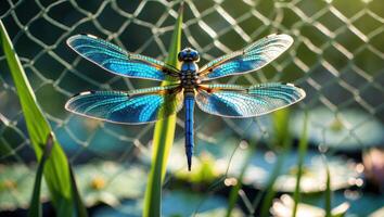 Dragonfly Resting on Plant with Translucent Wings in Garden Setting photo