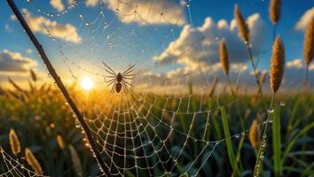 Spider Web Covered in Dew at Sunrise with Field Background photo