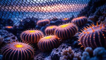 Glowing Sea Urchins on Ocean Floor with Net and Horizon photo
