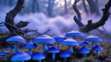 Blue Mushroom Cluster in Foggy Forest Scene with Mossy Ground photo