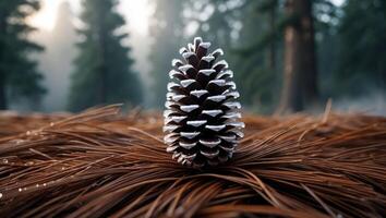 Pine Cone Still Life on Needles with Forest Background photo