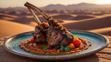 Grilled Lamb Chops on Plate with Tomato Sauce in Desert photo