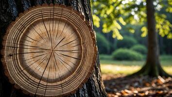 Tree Rings Exposed on Trunk in Bright Forest Environment photo