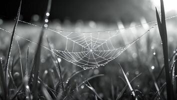 Spiderweb with Water Droplets in Grassy Field with Soft Lighting photo