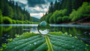 Water Drop on Leaf Reflecting Forest Landscape by River photo