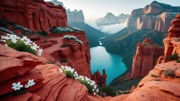 Scenic Canyon View with River and Wildflowers on Red Rock photo