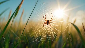 Spider Resting on Web with Sunlight Shining Through Grass Field photo