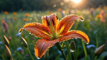 Orange Flower with Water Droplets in a Green Meadow at Sunrise photo