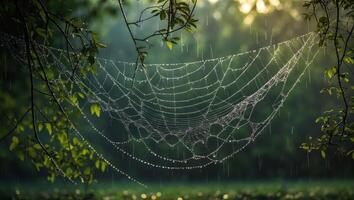 Spiderweb Covered in Raindrops Hanging Between Tree Branches in Forest photo