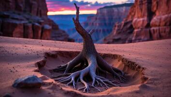 Exposed Tree Roots in Desert Sandscape During Dusk with Vibrant Sky photo