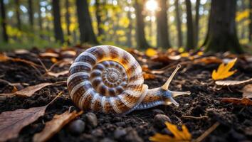 Snail Crawling Through Forest Floor with Sunlight Peeking Through Trees photo