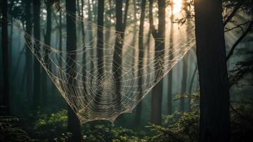 Spiderweb Hanging in Forest with Sunlight Streaming Through the Trees photo