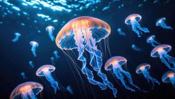 Jellyfish Floating Underwater with Sunlight Creating an Ethereal Marine Scene photo